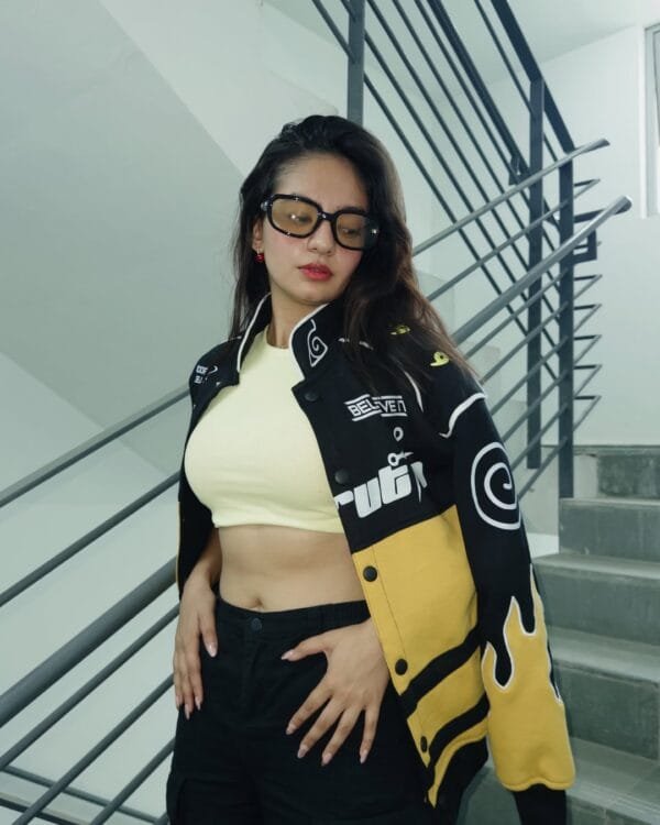 Full view of Anushka Sen wearing the Exotix Naruto Flame Patch Jacket – anime fashion statement