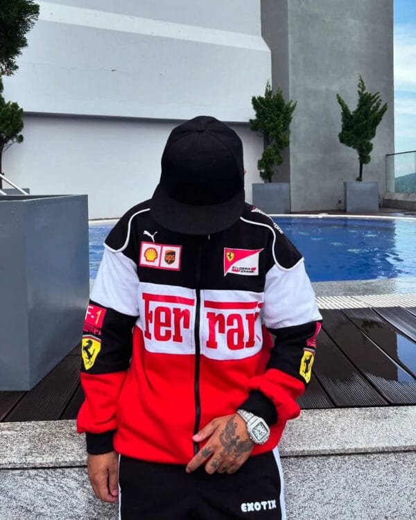 Front pose men wearing Exotix Red & White Ferrari Racing Jacket, back view by rooftop pool