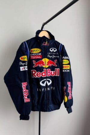 Front view of Exotix Embroidered Red Bull Racing Jacket with official logos and racing patches