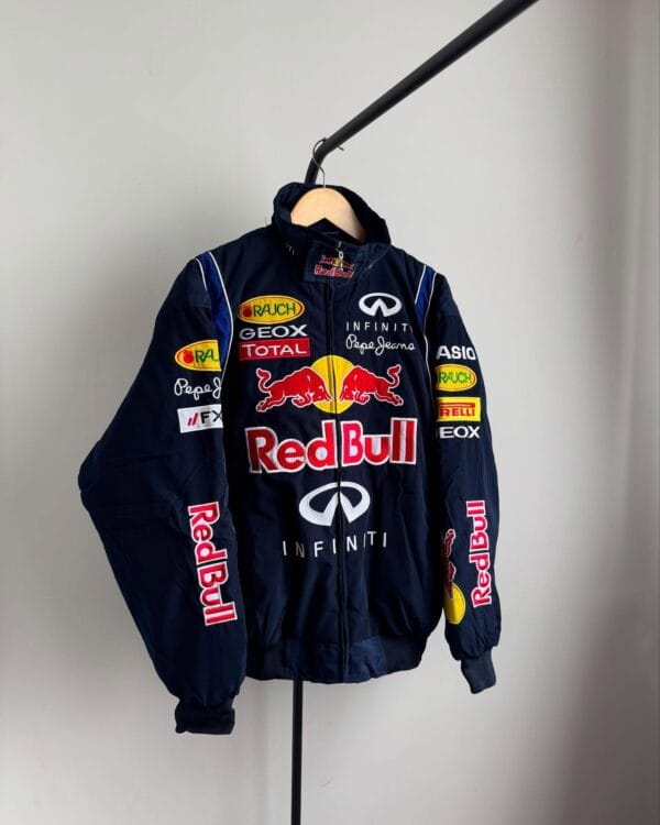 Front view of Exotix Embroidered Red Bull Racing Jacket with official logos and racing patches