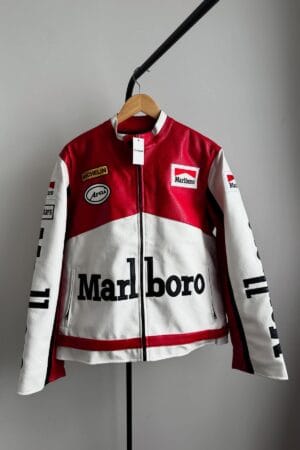Front view of vintage Marlboro leather jacket with Michelin and Arai patches in red and white color