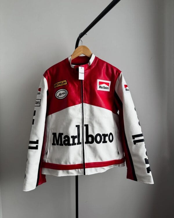Front view of vintage Marlboro leather jacket with Michelin and Arai patches in red and white color