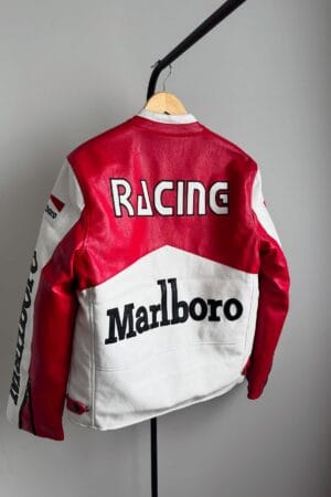 Angled back view of Marlboro racing leather jacket showing Racing logo on upper back and bold branding