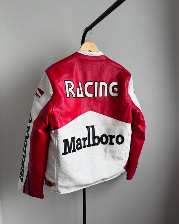 Angled back view of Marlboro racing leather jacket showing Racing logo on upper back and bold branding