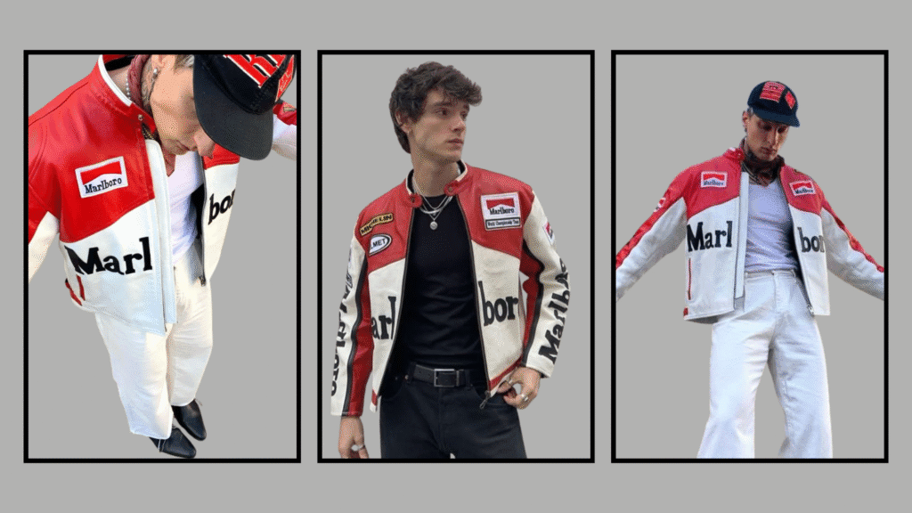 How the Marlboro Jacket Became India's Most Hyped Streetwear Drop of 2025 Models wearing Marlboro leather racing jacket styled with streetwear outfits – oversized fit, vintage F1 fashion India
