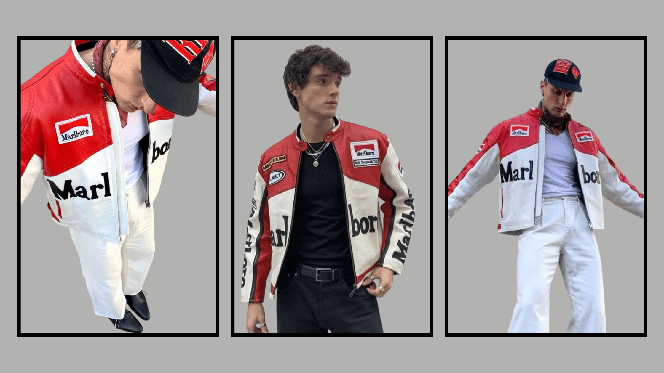 Models wearing Marlboro leather racing jacket styled with streetwear outfits – oversized fit, vintage F1 fashion India