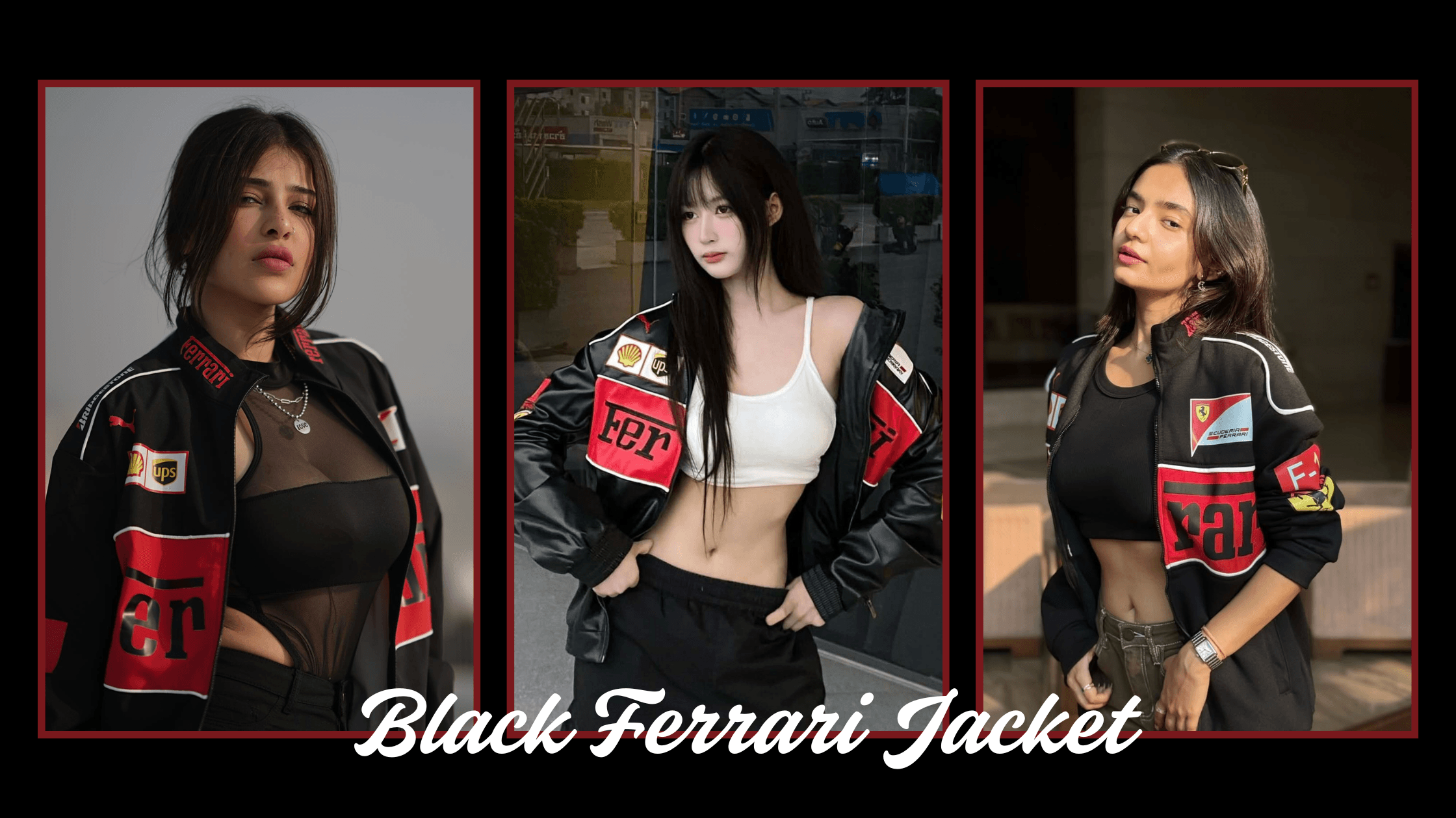 How to style a black Ferrari jacket — Anushka sen, Edin rose and one more celeb wearing Exotix Black Ferrari Jackets in streetwear, sporty, and celebrity-inspired 2025 looks.