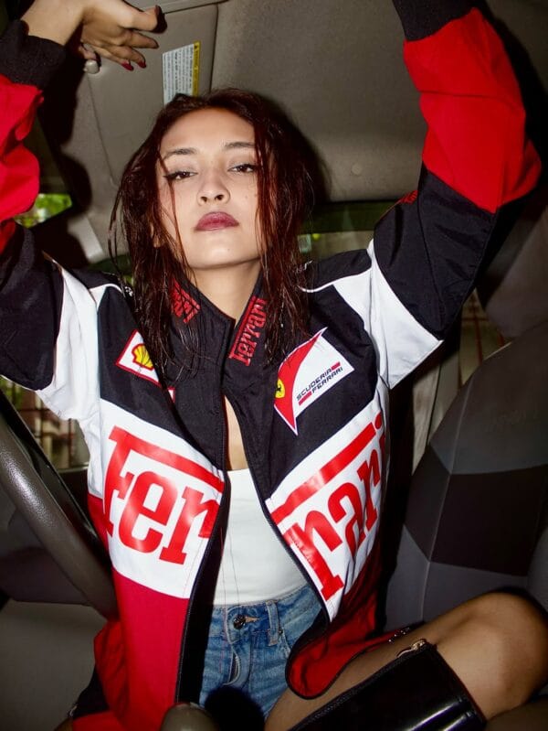 Ferrari Racing Jacket by Exotix photographed outdoors – bold streetwear fashion inspired by Formula 1