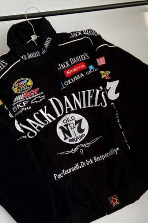 Front view of black Jack Daniels embroidered racing jacket with motorsport logos