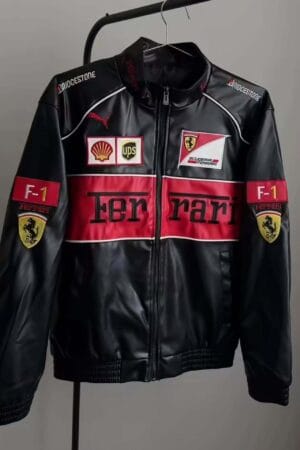 Front view of Ferrari leather jacket with logos and zip closure – Exotix product photo