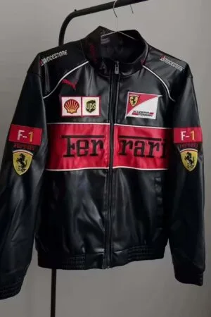 Front view of Ferrari leather jacket with logos and zip closure – Exotix product photo
