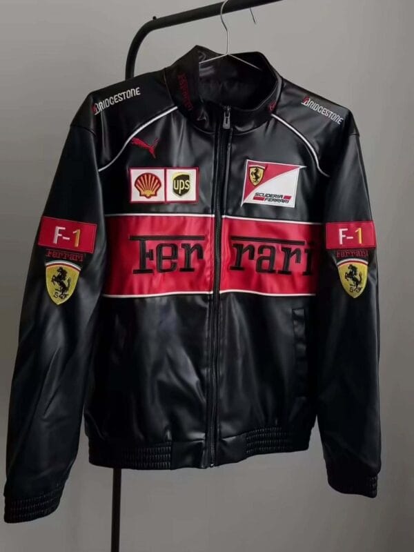 Front view of Ferrari leather jacket with logos and zip closure – Exotix product photo