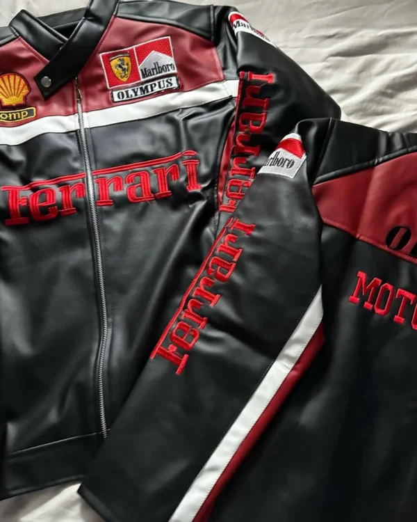 Ferrari Olympus racing jacket with bold embroidered logos on front and sleeves – premium leather streetwear jacket by Exotix
