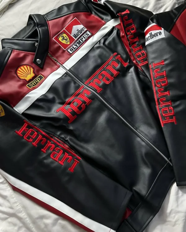 Front view of Ferrari Olympus Jacket by Exotix – black and red leather racing jacket with embroidered Ferrari and Olympus patches