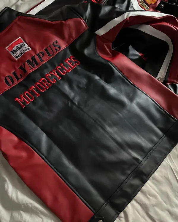 Back view of Olympus Ferrari motorcycle jacket – black and red leather jacket with Olympus and Marlboro racing patches
