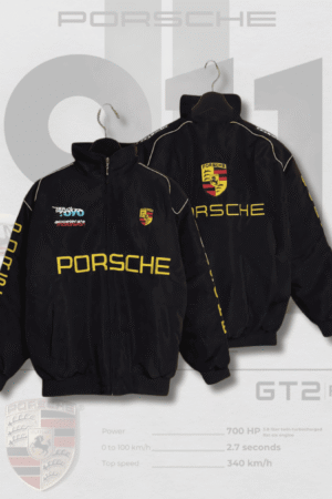 Front and back view of black Porsche jackets f1 on hangers, showcasing embroidered logos and premium streetwear design.