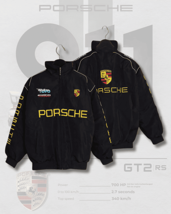Front and back view of black Porsche jackets f1 on hangers, showcasing embroidered logos and premium streetwear design.