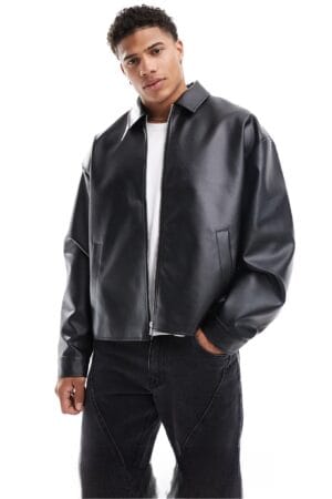 Black faux leather jacket for men by Exotix – front view, streetwear style, cruelty-free vegan leather.
