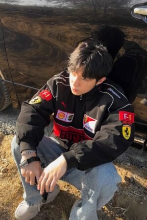 Exotix black Ferrari F1 jacket embroidered luxury motorsport wear