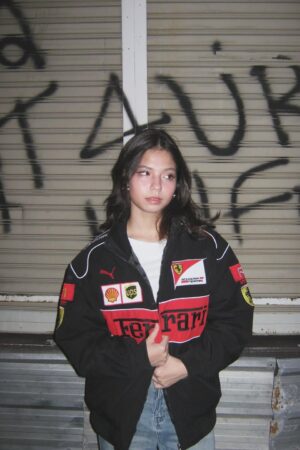 Exotix embroidered black Ferrari F1 jacket front view with racing logo