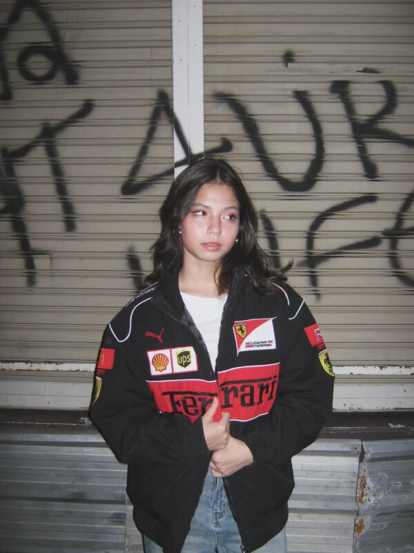 Exotix embroidered black Ferrari F1 jacket front view with racing logo