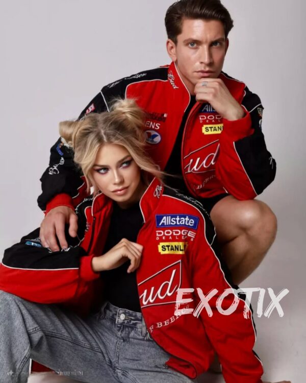 Red Budweiser Merch Jacket with Racing Print – Exclusive Beer Brand Apparel