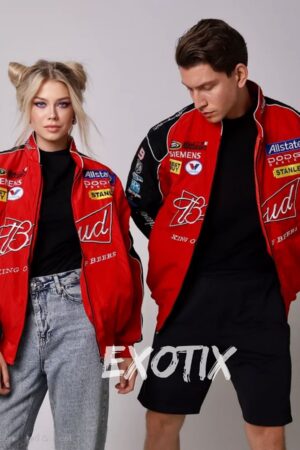 Exotix Red Budweiser Jacket – Official Racing Bomber Style for Streetwear Fashion