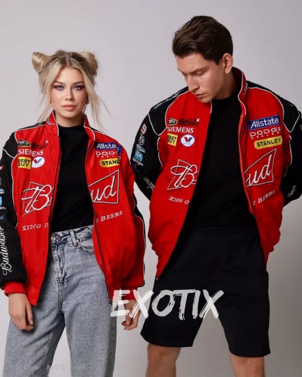 Exotix Red Budweiser Jacket – Official Racing Bomber Style for Streetwear Fashion