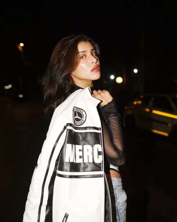 Exotix Mercedes bomber leather jacket premium white black design