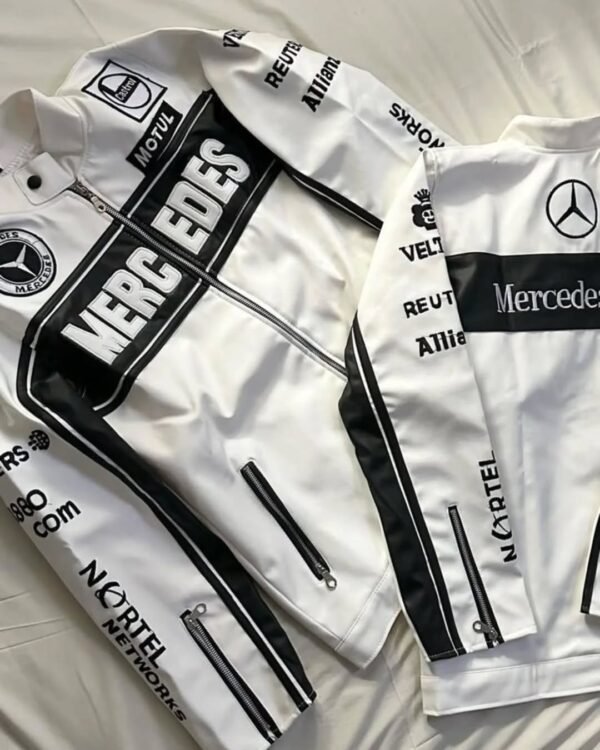 Exotix Mercedes Leather Jacket front and back view with racing patches