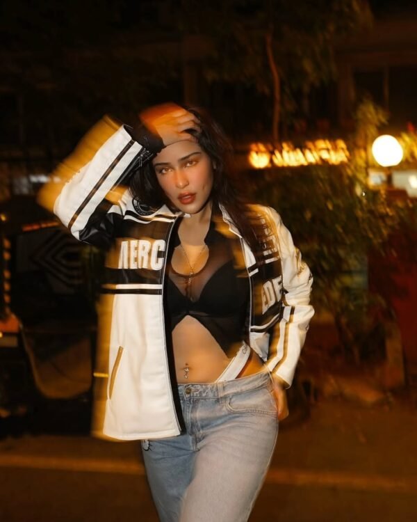 Woman wearing Exotix Mercedes white leather jacket streetwear style India