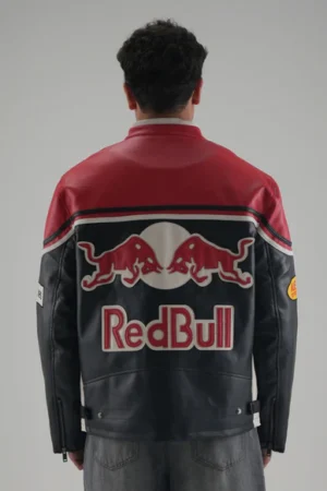 Back view of Red Bull F1 Leather Jacket with Red Bull logo – limited edition Exotix jacket