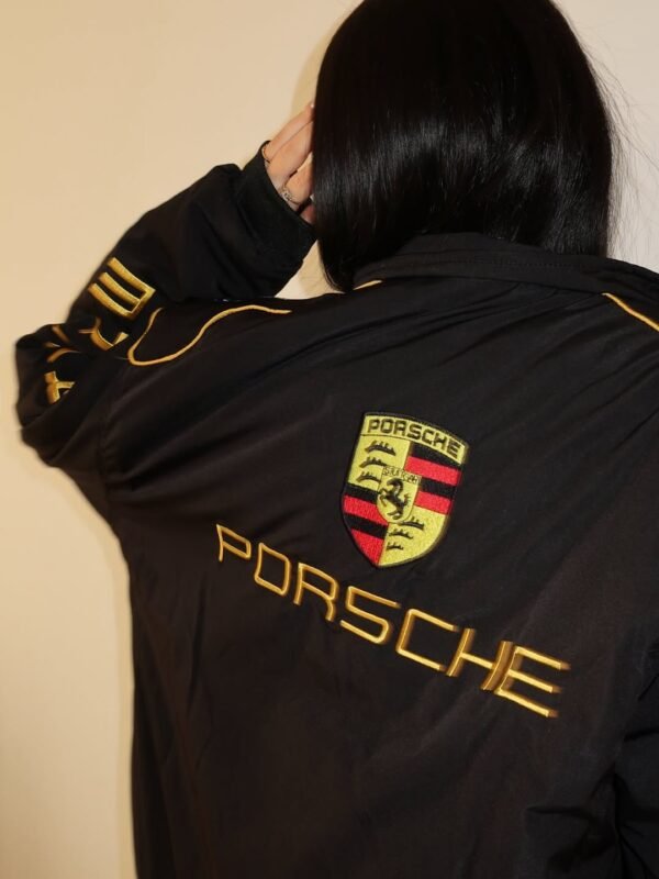 High-quality zipper and embroidery details on Porsche bomber jacket by Exotix