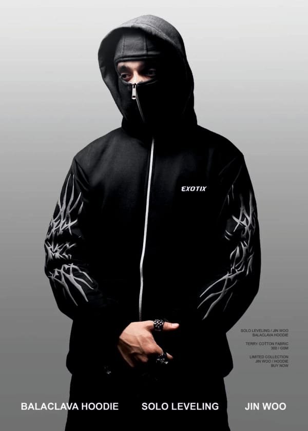 Model Wearing Exotix Solo Leveling Balaclava Hoodie with Face Mask – Anime Streetwear Look
