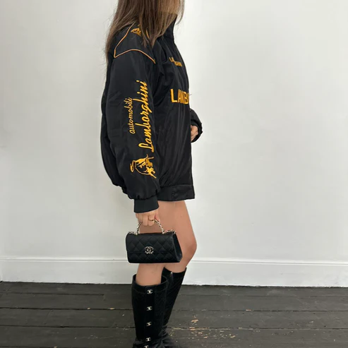 Embroidered Lamborghini Racing Jacket – Premium Racing Apparel Streetwear Model posing in embroidered Lamborghini jacket for luxury streetwear look