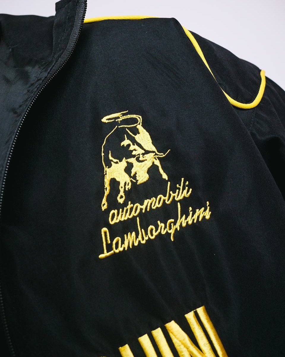 Embroidered Lamborghini Racing Jacket – Premium Racing Apparel Streetwear Close-up of Lamborghini logo embroidery on premium racing jacket