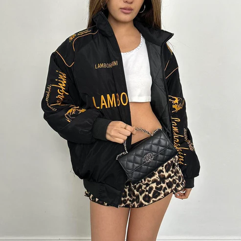 Embroidered Lamborghini Racing Jacket – Premium Racing Apparel Streetwear Women’s Lamborghini bomber jacket styled with leopard print skirt from Exotix luxury streetwear India