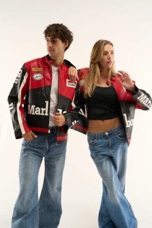 Unisex Exotix black Marlboro leather jacket styled by male and female models