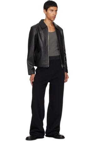 Black cropped leather jacket for men and women full body front view – Exotix unisex street style moto leather jacket India