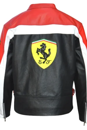 Back view of Formula 1 Ferrari leather jacket featuring Ferrari shield logo and racing design