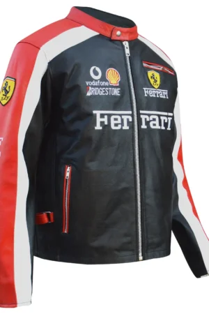 Formula 1 Ferrari leather jacket front view by Exotix with Vodafone and Shell racing logos