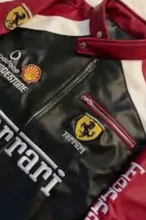 Exotix Close-up of Ferrari Formula One jacket showing Vodafone Ferrari and Bridgestone logo detailing