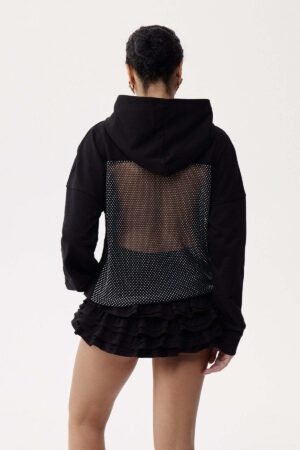 Back view of black rhinestone hoodie with crystal mesh net panel and sparkle detailing, stylish backless streetwear hoodie by Exotix