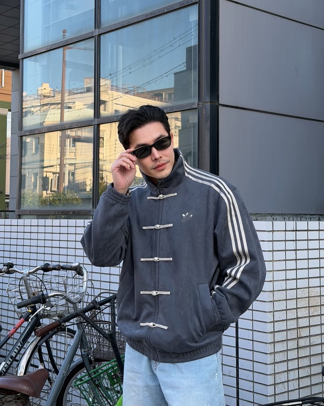 Chinese New Year Jacket – Exotix CNY Edition Dark Grey Chinese New Year Jacket styled outdoors – modern lunar new year jacket for men in India