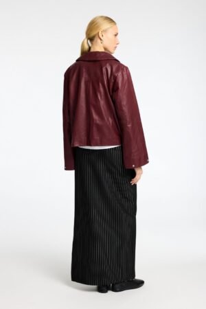 Exotix Back view burgundy crop leather jacket women minimalist cropped biker jacket premium streetwear outerwear Exotix