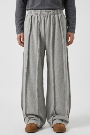 Exposed Seam Sweatpants by Exotix – wide leg raw seam streetwear joggers in grey, front full view