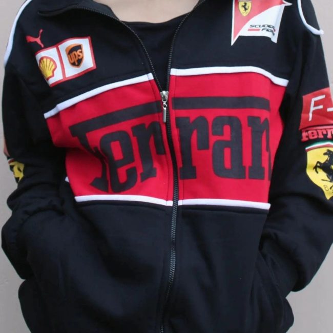 How to Style a Black Ferrari Jacket Like Celebrities in 2025 (With Fabric & Fit Tips) Zipper and stitching on Ferrari F1 Racer Jacket