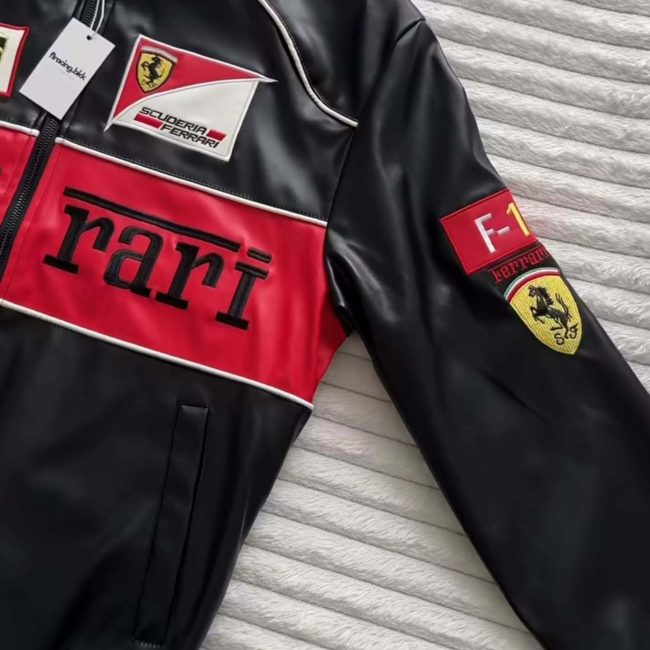 How to Style a Black Ferrari Jacket Like Celebrities in 2025 (With Fabric & Fit Tips) Premium Ferrari F1 leather jacket laid flat with patches and sleek finish – Exotix collection